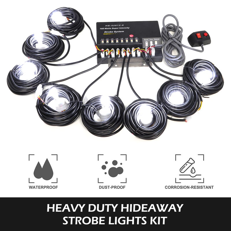 SMALLFATW Hideaway Strobe Lights Kit 8 HID Bulbs 13 Flashing Mode Memory Recall Function, 16 Feet Power Cord with Controller, Emergency Strobe Lights for Trucks Vehicles, White - Image 2
